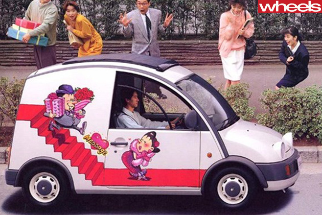 Этот ретро-причудливый фургон, сделанный между 1989 и 1992 годами, был идеальной машиной для перевозки улиток (улиток) на продовольственные рынки Токио и с них